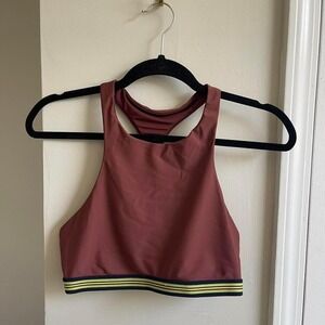 Aerie Sports Bra Women Large Burgundy High Neck Racerback Green Striped Band